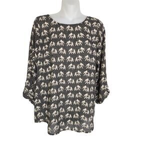 Pixley Womens Top Blouse Size Small Elephant Print 3/4 Roll Tab Sleeve Black Tan